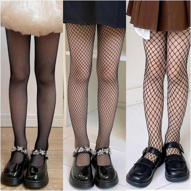 Girls Fashionable Fishnet Stockings Kids Baby Mesh Nylon Black Pantyhose Cute Lolita Jumpsuit JK Leggings Parent-Child Pantyhose