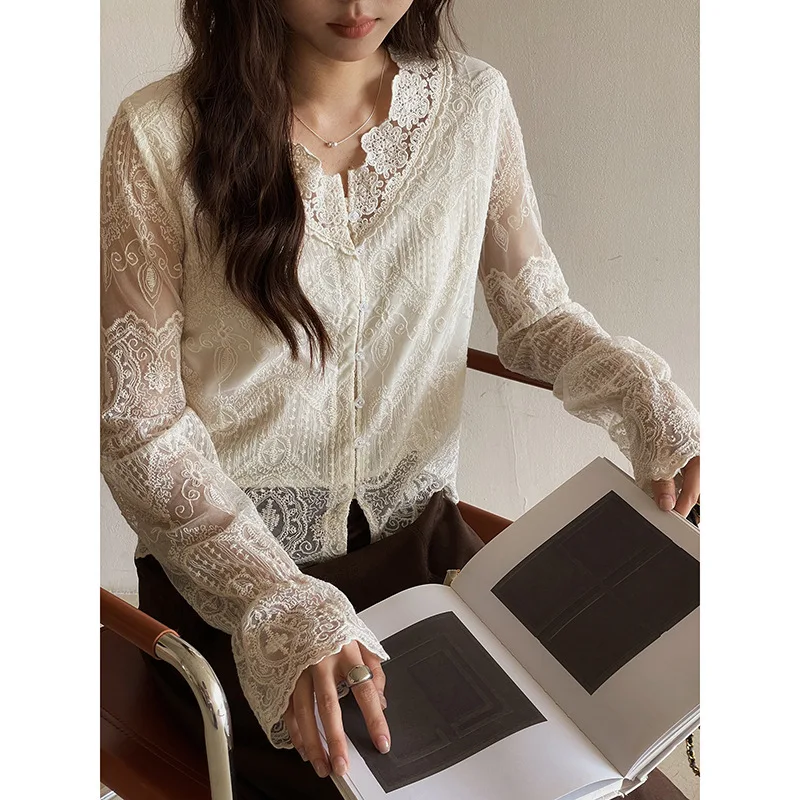 

French Retro Autumn New Crochet V-neck Shirt