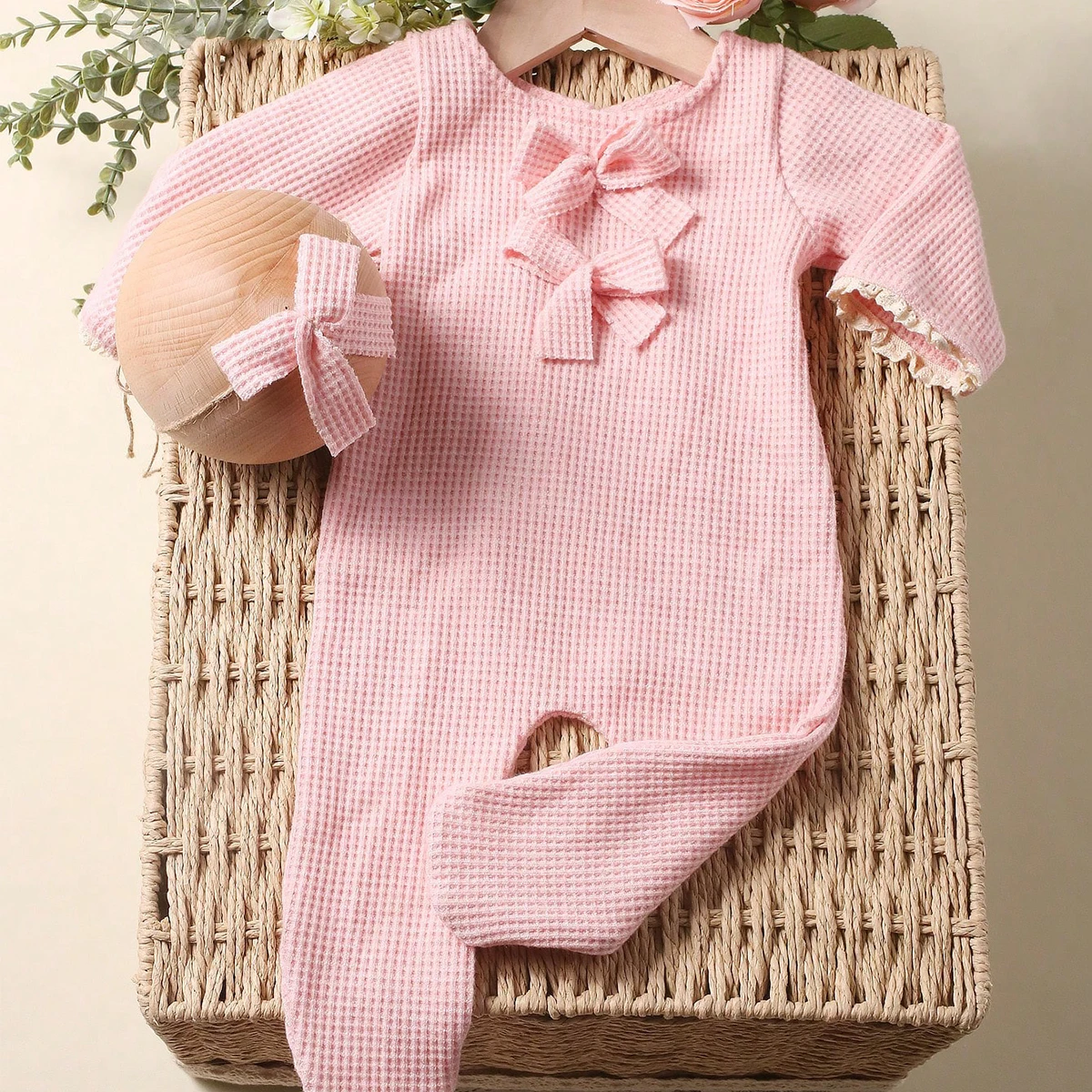 Ylsteed Newborn Photography Jumpsuit with Bow Hairband Baby Girl Costume for Photo Shooting Infant Pink Long Sleeve Bow Oufits