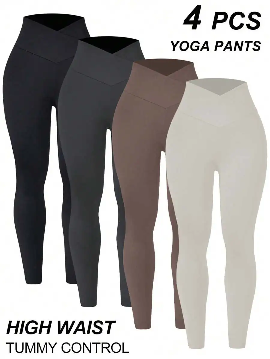 

4 Pcs Women High Waist Criss-Cross Yoga Pants Tummy Control Skinny Leggings