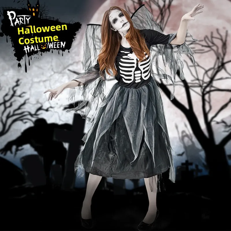 k Angel loween Costume Dr for Women Par Terror Zombie Skeleton Devil Fallen Angel Outfit Polyester Spandex Blend
