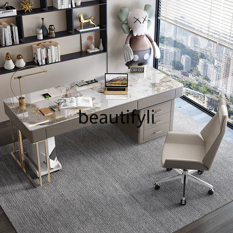 

Light luxury rock slab desk modern simple stainless steel titanium writing desk study home computer desk