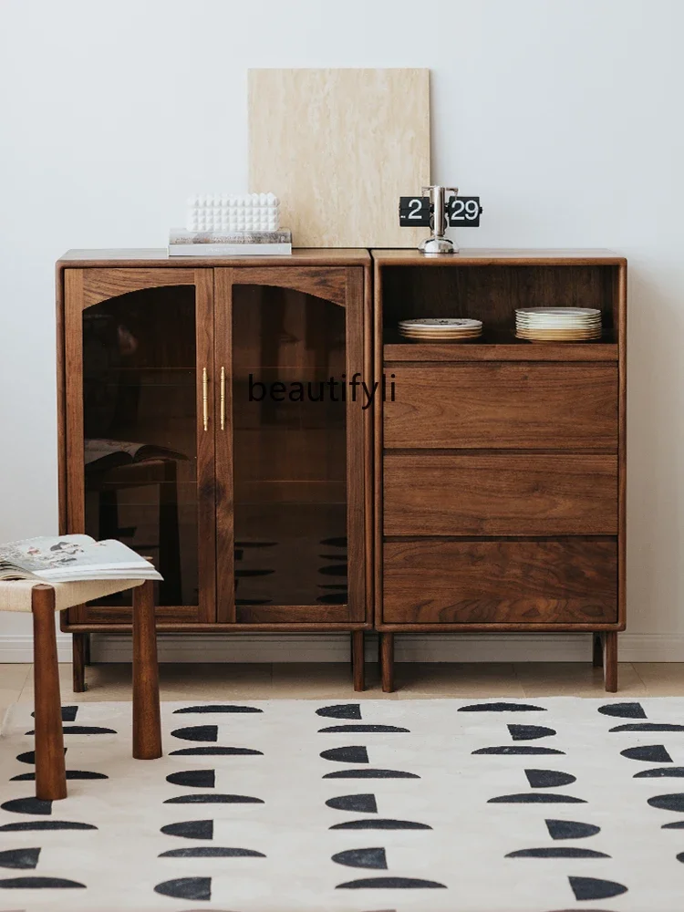 A4567 Vintage Black Walnut Solid Wood Chest of Drawers Living Room Storage Cabinet Bedroom Home Use Three-Drawer Chest TV Side C