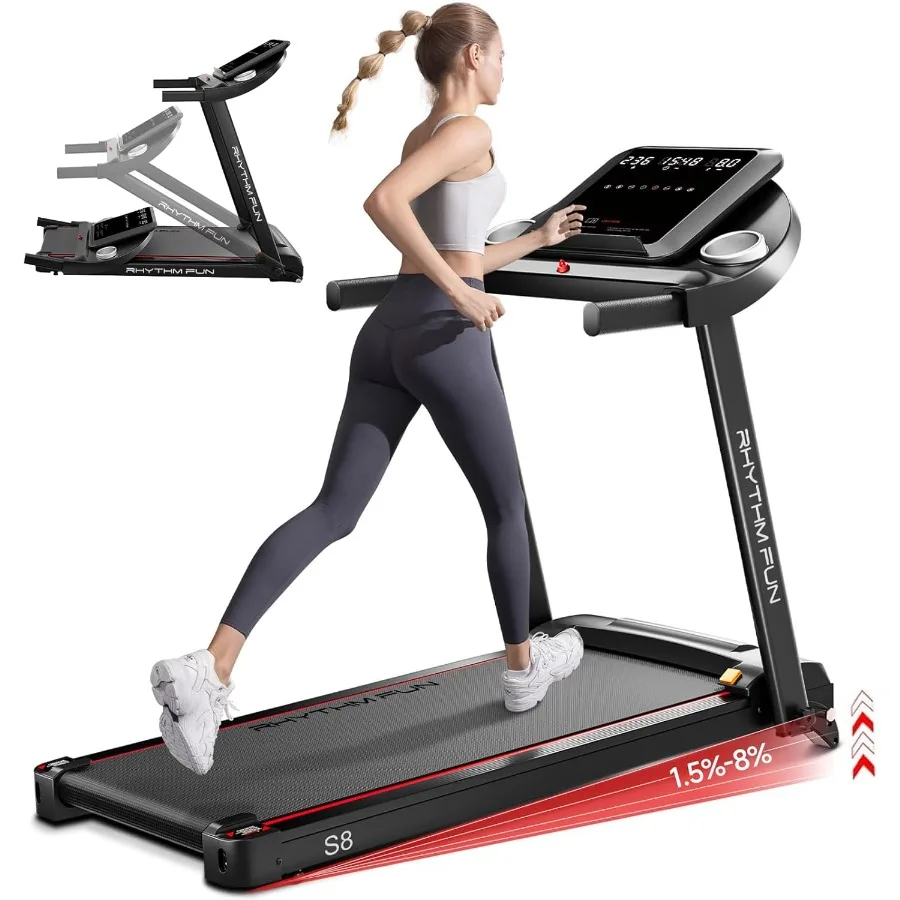 

Беговая дорожка с наклоном, 8,0 миль в час для дома, складная беговая дорожка с 8% наклоном и ручками, малошумная прогулочная площадка для 30 лет