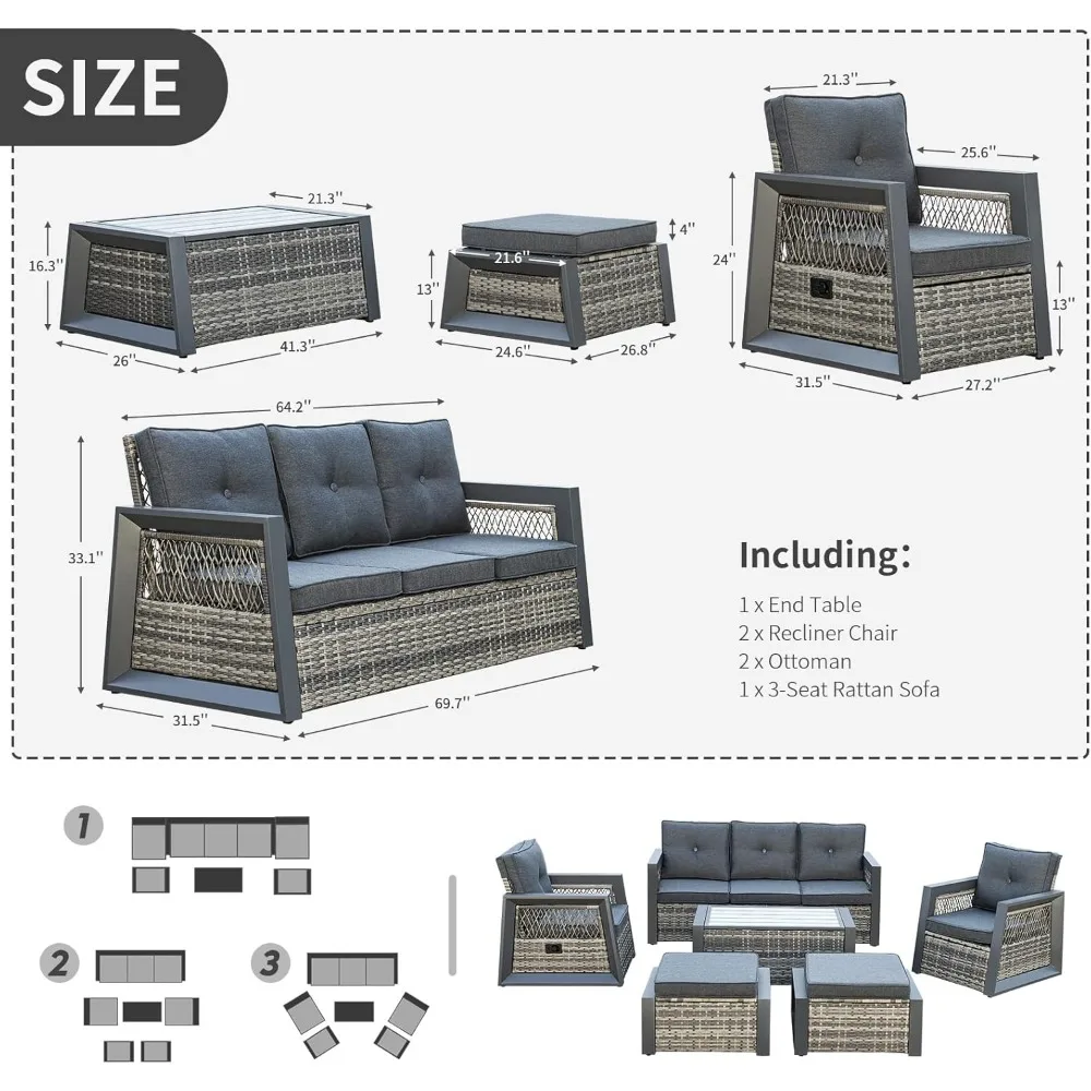 Ensemble de meubles d'extérieur avec cadre en aluminium, chaises inclinables WUNICEF avec interdictions omanes, ensembles de conversation, 6 pièces