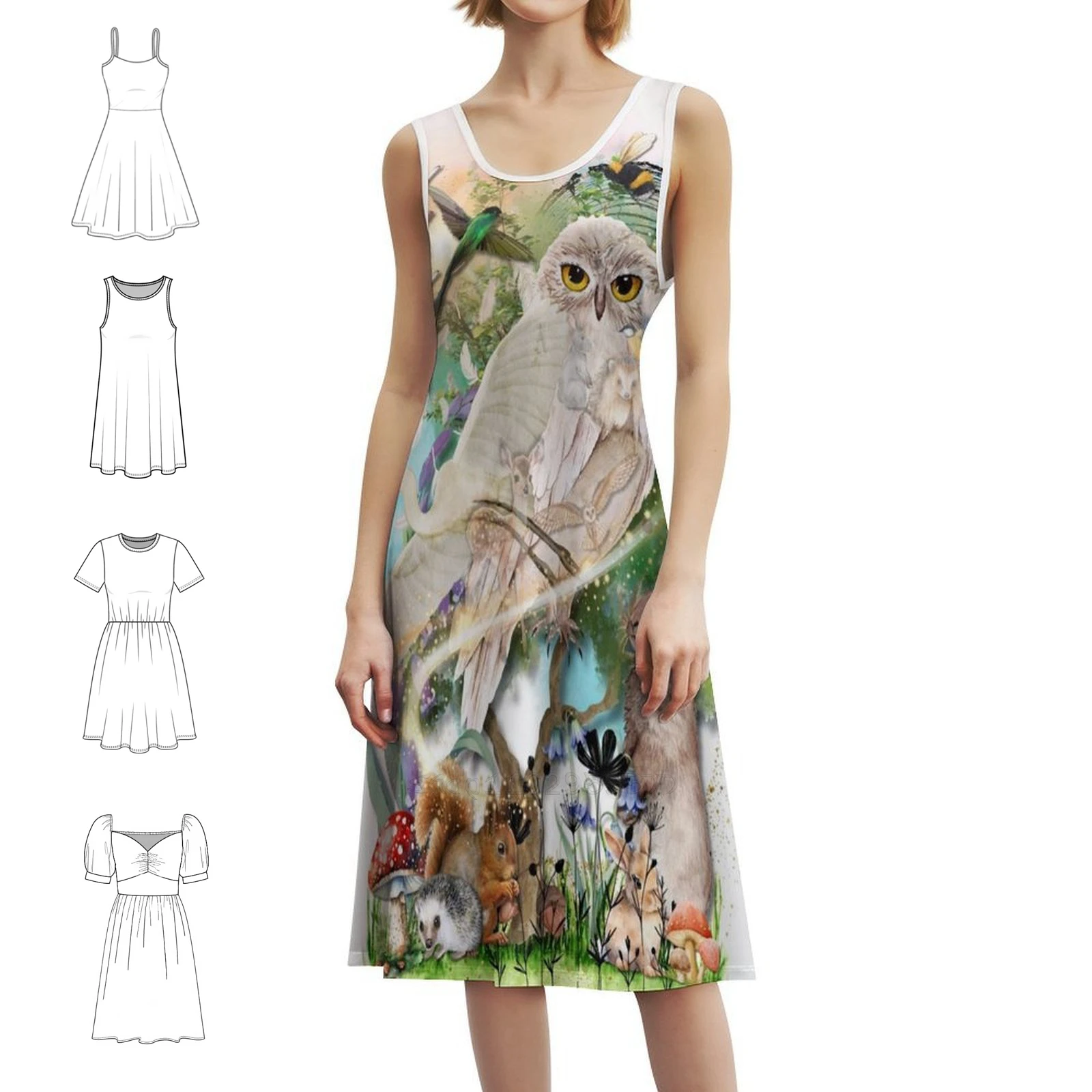 فستان حيوانات الغابات مُزين بنقشة الزهور للنساء للربيع والصيف فستان كاجوال للحفلات على شكل حيوانات الغابات مخفي