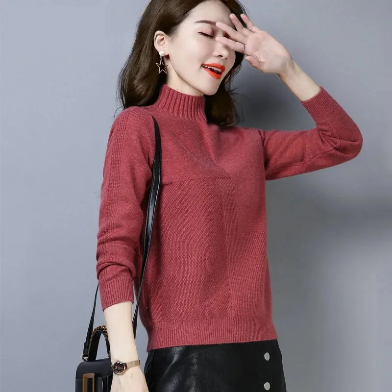 

Autumn winter New Sweater Women's Pullover Loose Knit Sweaters Thicken Velvet Half high neck Long sleeved Short Bottoming shirt