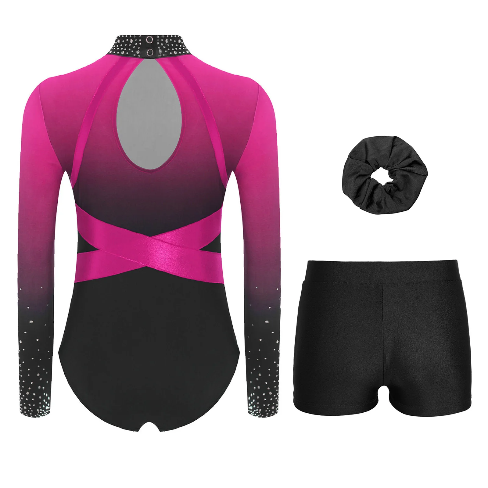 Conjuntos de gimnasia de ballet para niñas, conjunto deportivo con diamantes de imitación brillantes y patrones de bloques de color