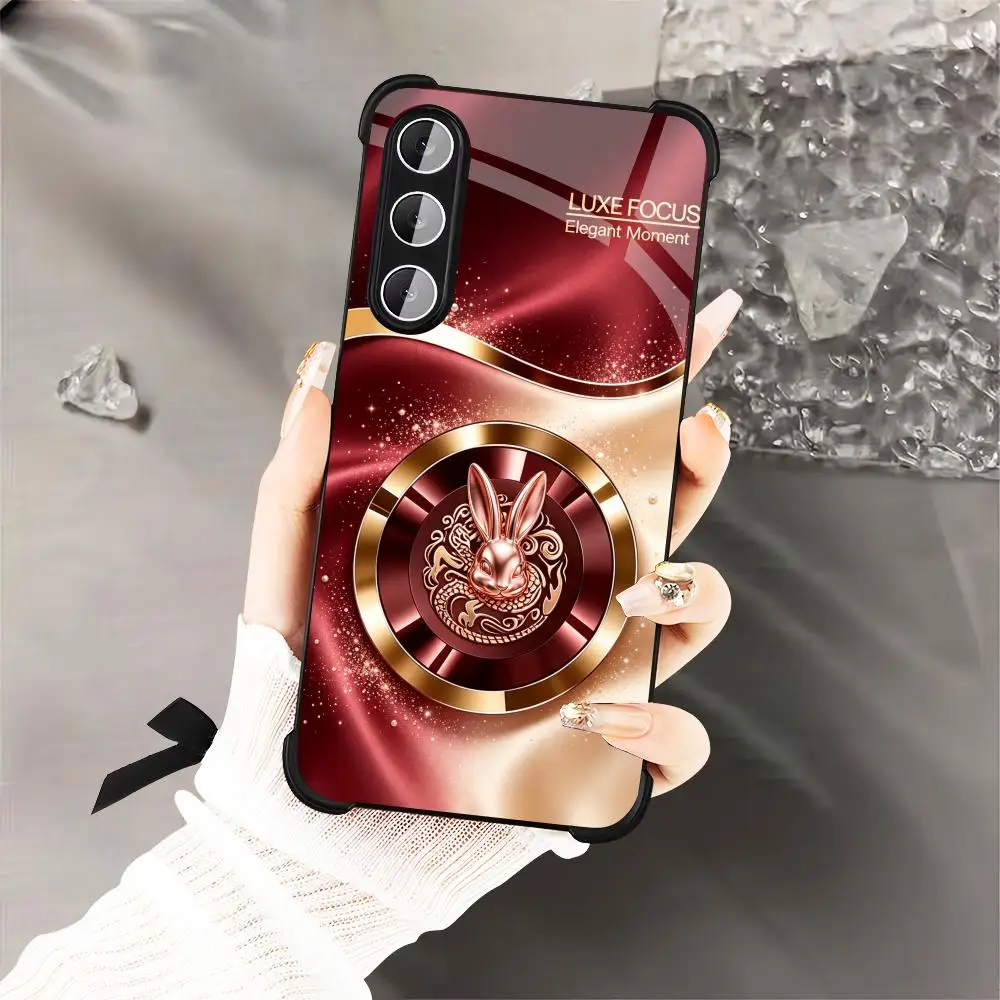 Red Golden Rabbit Fashion Exquisite HD glass phone case for Samsung Galaxy S26 S25 S24 S23 S22 FE,Ultra,Plus Dropresistant