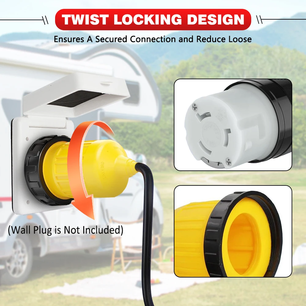 50A 125/250V RV Power Cord Twist Lock Plug with protective cover for RVs or Caravans Using NEMA SS2-50R Power Inlet