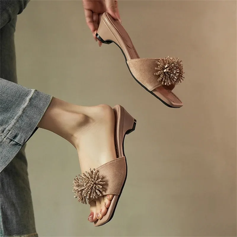 

Aneikeh Summer Fashion Rhinestone Flower Square Toe Comfortable Women White Low Block Heel Mules Slippers Party Dress Slide Shoe