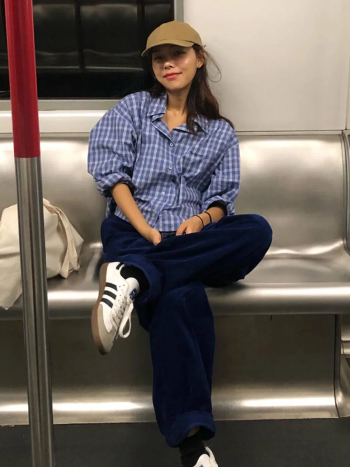 [Biezhi Chic] Eight Milk Plaid Shirts Women Mid-Length Blue Plaid Shirt Short Korean Sle Simple