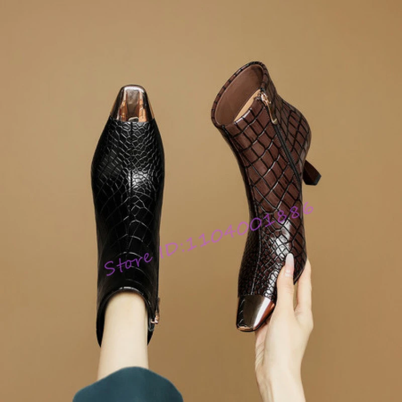 الخريف الشتاء الرجعية أشار تو أحذية بوت قصيرة موضة مثير المعادن تصميم الجانب سستة عالية الكعب مأدبة الحفلات النساء الأحذية المرنة #6