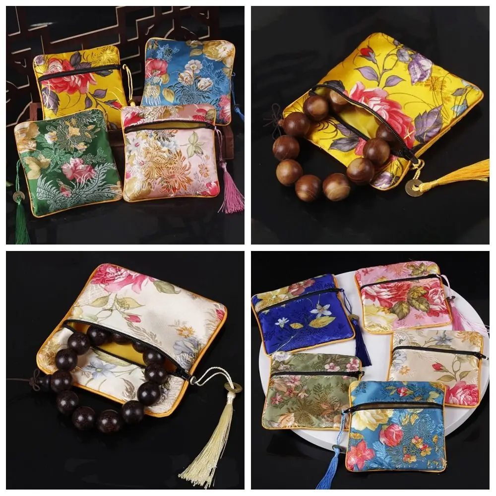 Cloth Embroidery Coin Pouch Tassel Copper Cash Pendant Jewelry Storage Bag Necklaces Case Makeup Lipstick Bag