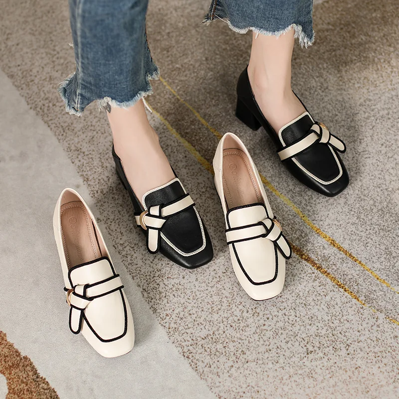 Women Retro Bowknot Loafers Spring Square Head Women Single Shoes Classic Thick Heels Soft Leather Female Pumps Zapatos De Mujer