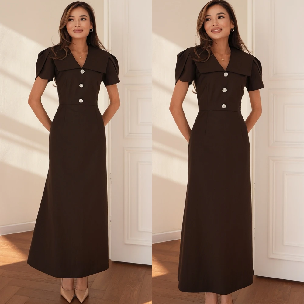 

Customized Exquisite Satin V-Neck Evening Dress Classic Short Sleeves Cocktail Dress Fashion Buttons Special Occasion Gowns