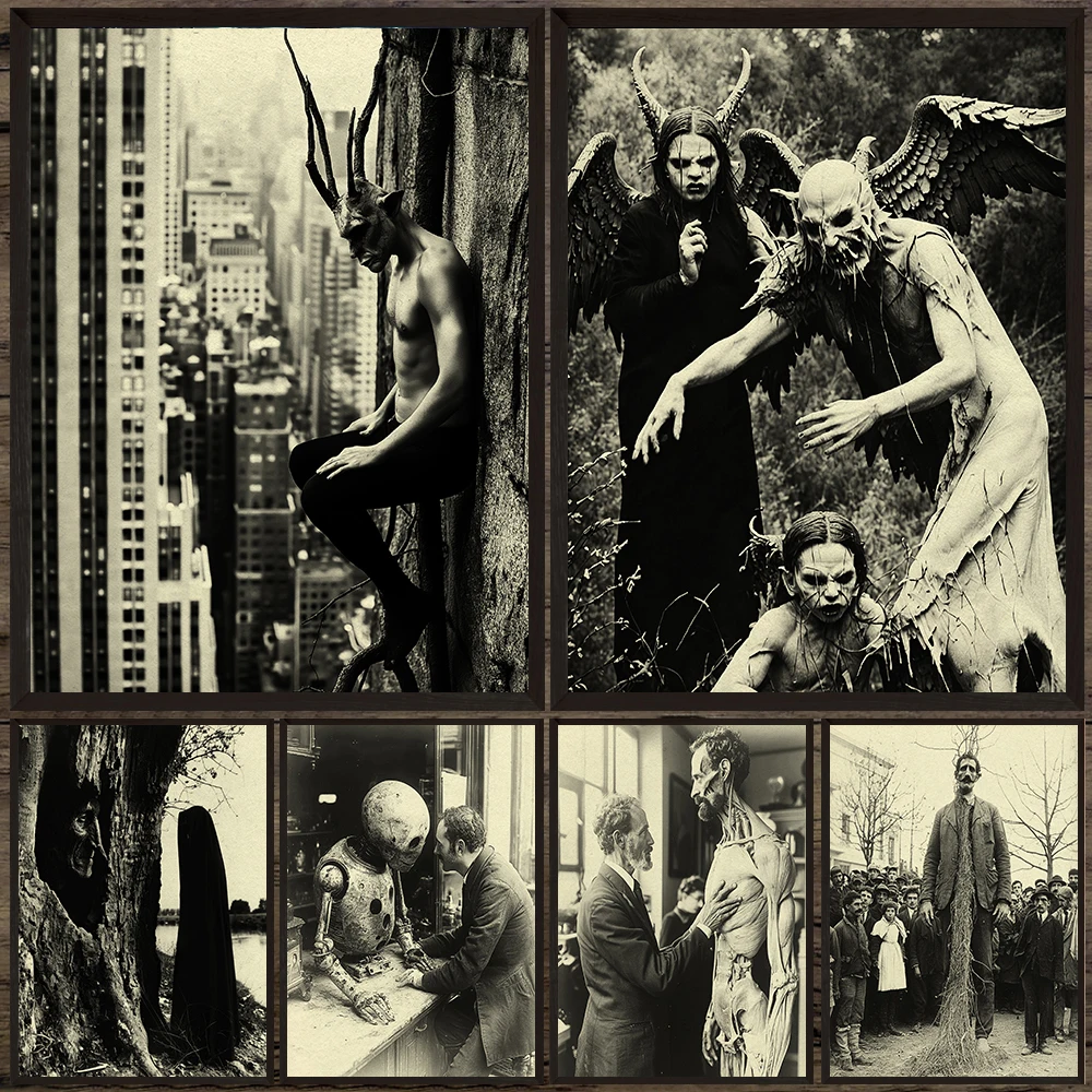 

Witch,Demon,And Monster In The Forest,Vintage Photo Wall Art Canvas Painting,Weird Old Photos Art Poster Print Home Decoration
