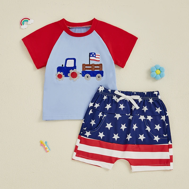 Toddler Boys American Flag Print Tank Top and Denim Shorts Set with USA Flag Patch Detail and Elastic Waistband