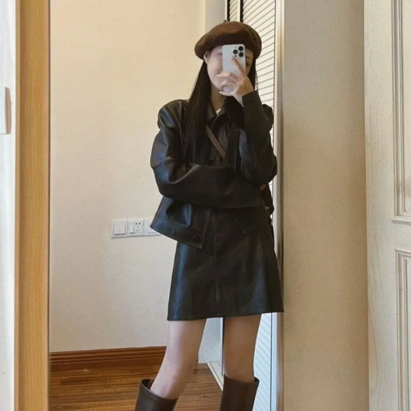 Temperament Fashion Leather Coat A-line Skirt Two Piece Set Women Spicy Motorcycle Cool Lapel Solid Slim Spring Versatile Suit