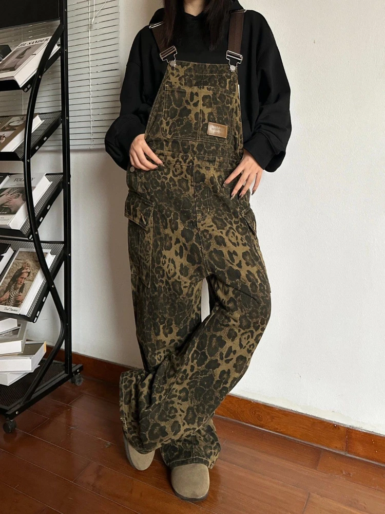 

ADAgirl Leopard Print Overalls Denim Pants Women Y2k Vintage Baggy High Waist Wide Leg Slouchy Jeans Hip Hop Retro Cargo Bottoms