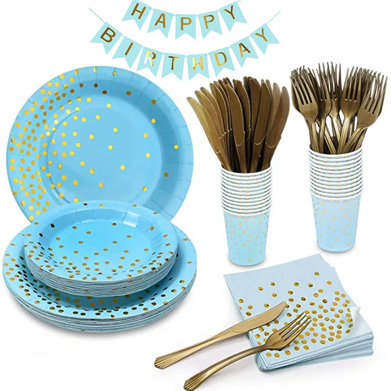 Party supplies bronzing dot blue set wave point birthday cutlery disposable high-grade plate snack plate paper cup tissue suppli