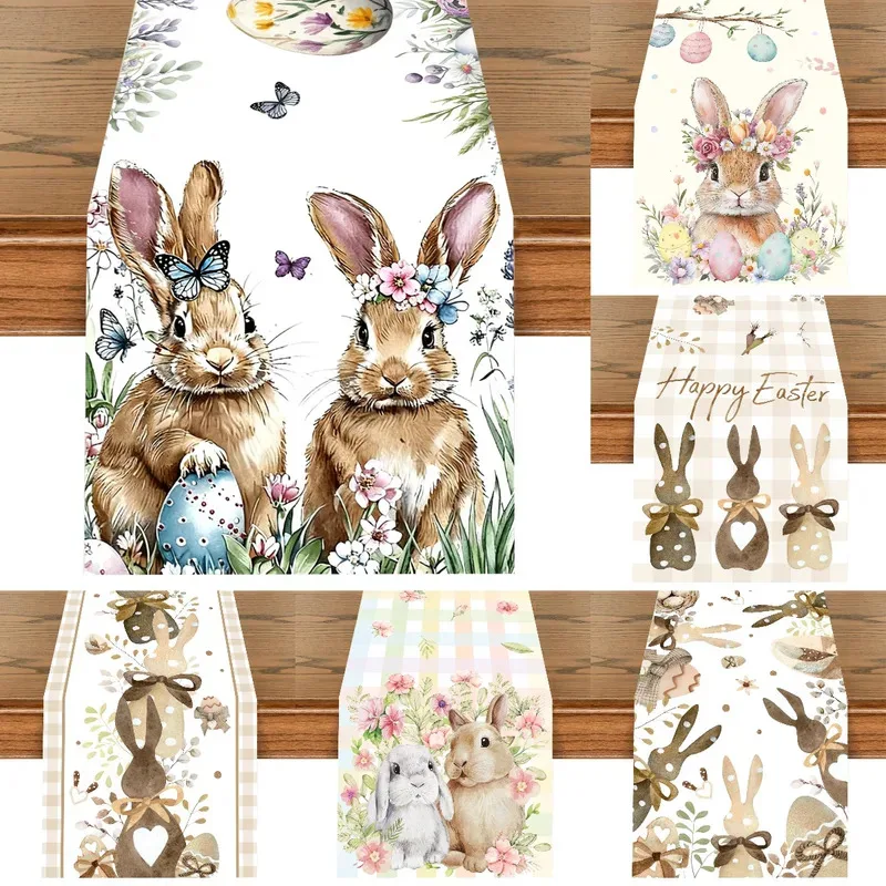 VIKAMA Osterhase und Blumenei Tischläufer für Frühling 2026 Feiertagsdekoration Oster-Feier Tischdecke Heimdekoration
