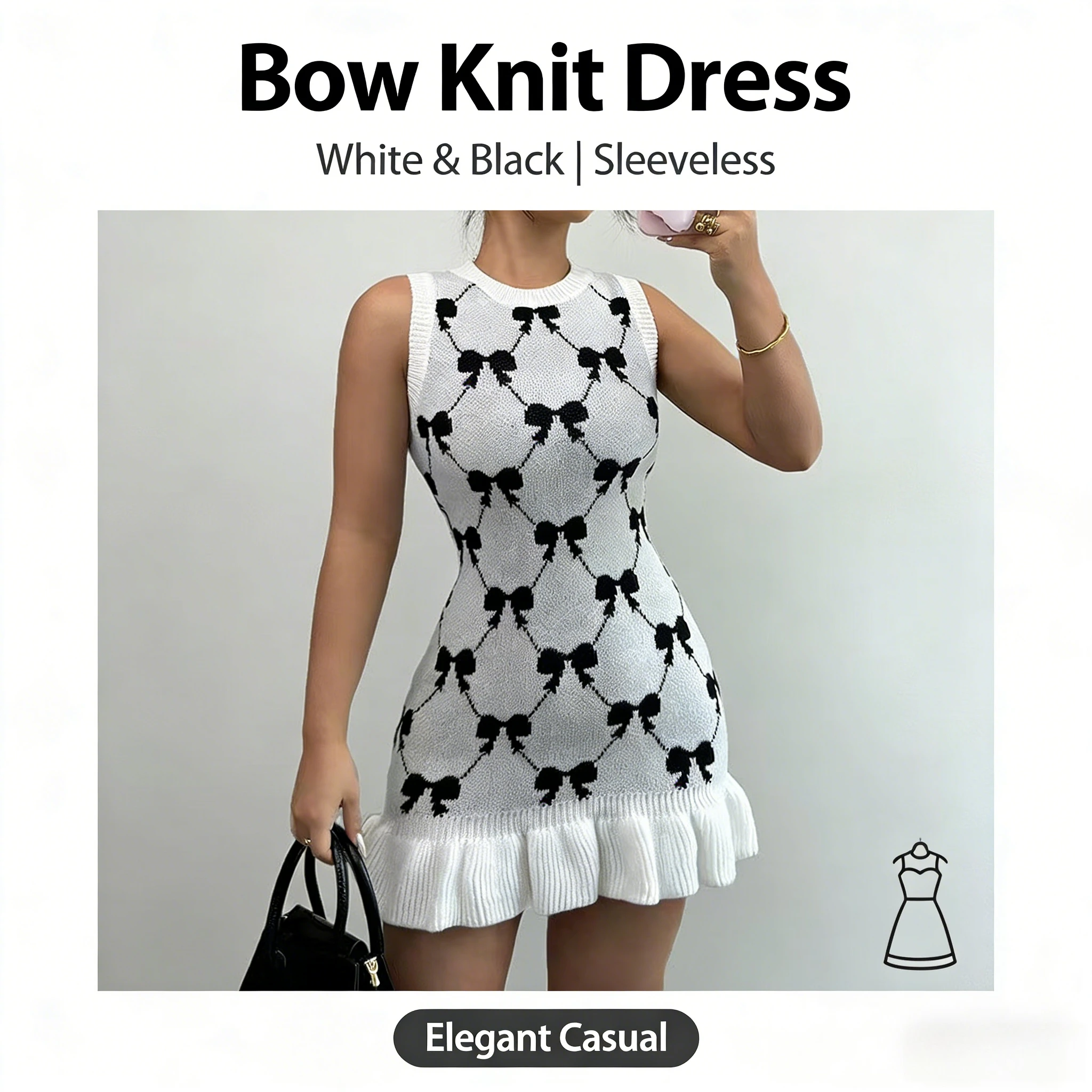 

Европа, Америка, новинка 2025, облегающее вязаное платье-пуловер без рукавов с жаккардовым узором и бантом, короткая юбка