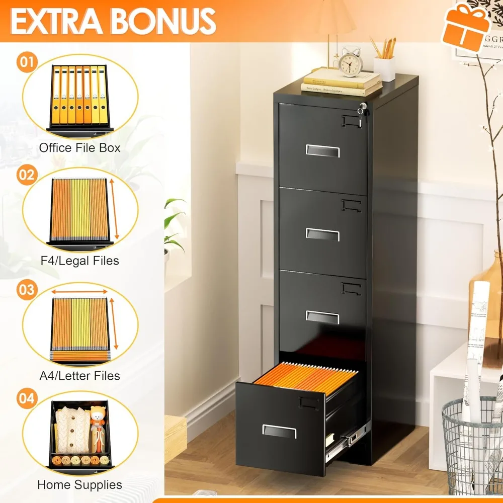 Archivador vertical de metal negro con 4 cajones bloqueables, colgante ajustable, gabinete de almacenamiento alto