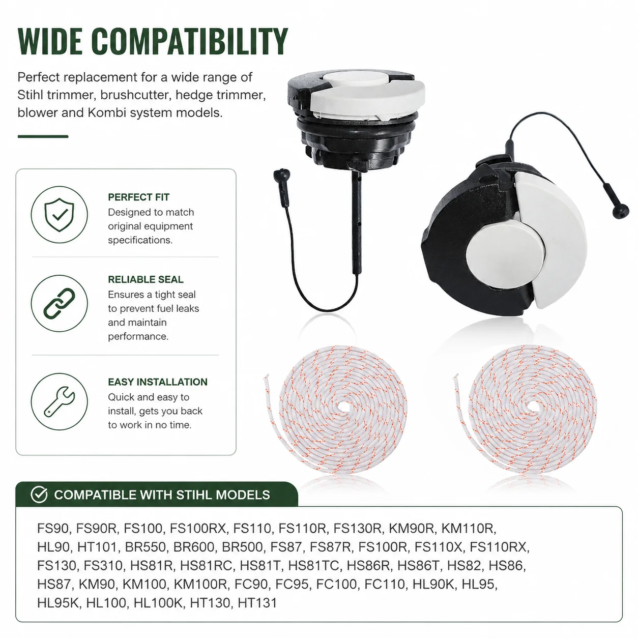 For Stihl 4-Mix Blower BR500/550/600 Hedge Trimmer HS81/86/87 Edger FC90/110 Pruner HT101 HL90 Fuel Cap Kit + 2 Starter Ropes