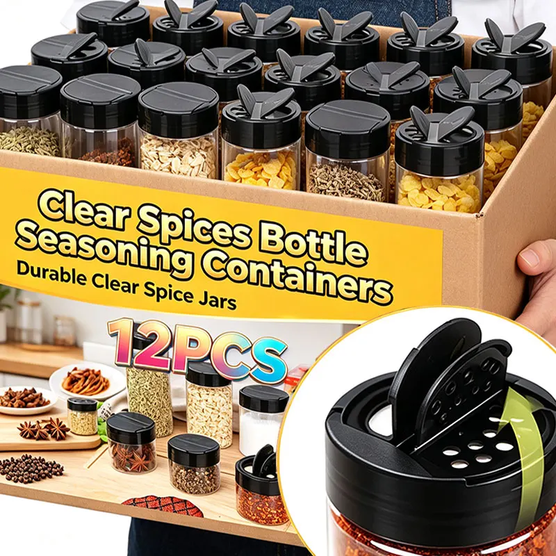 1-12pcs Clear Spices Bottle Seasoning Containers Salt Pepper Shakers Barbecue Condiment Box Household Kitchen Powder Storage Can
