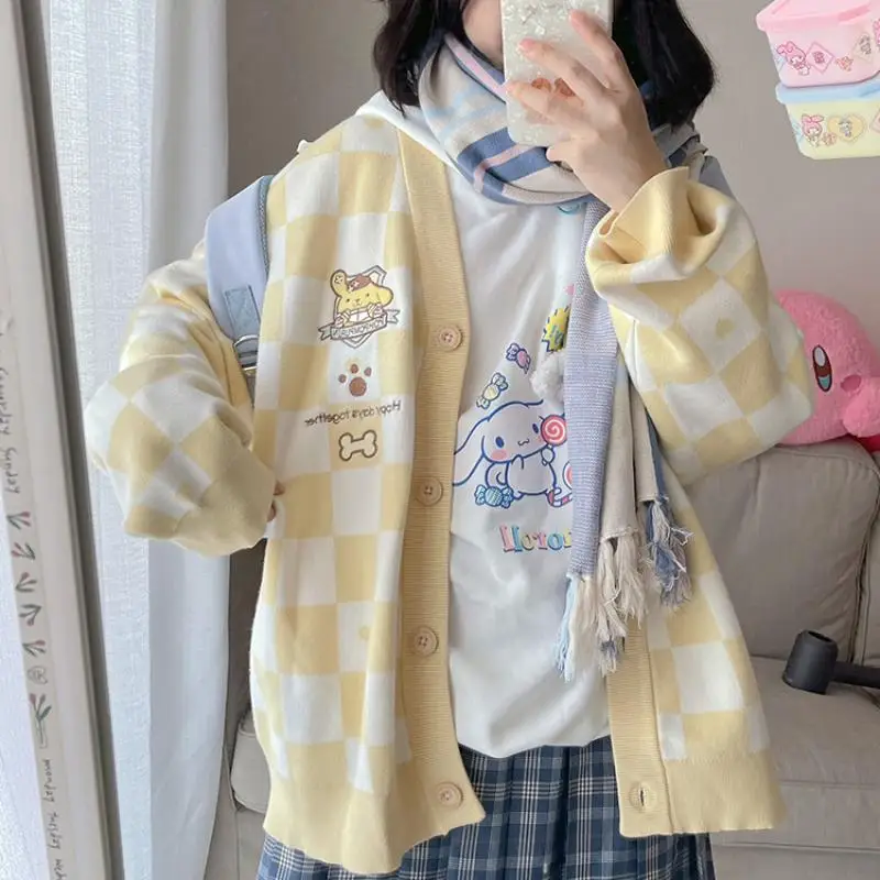 Kawaii Sanrio Pompom Purin Plaid Coat Cute My Melody Kuromi Cinnamoroll Autumn Winter Student Sweater Casual Jacket Sweater Gift