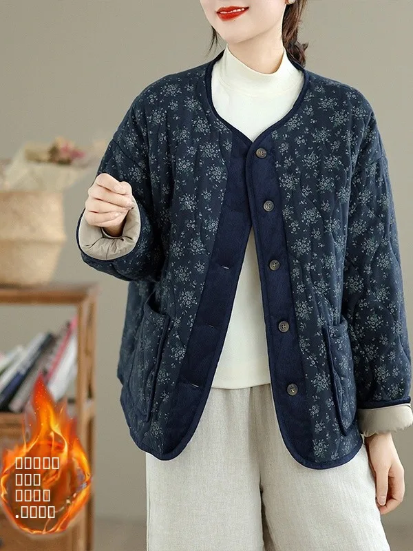

Retro Loose round Ne Floral Print Cotton Jaet Ele Lady Sle Commute Friendly Thiened Long Sve Winter Outerwear
