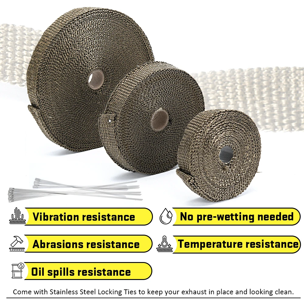 High Quality 5cm*5M 10M 15M Titanium/Black Exhaust Heat Wrap Roll for Motorcycle Fiberglass Heat Shield Tape with Stainless Ties