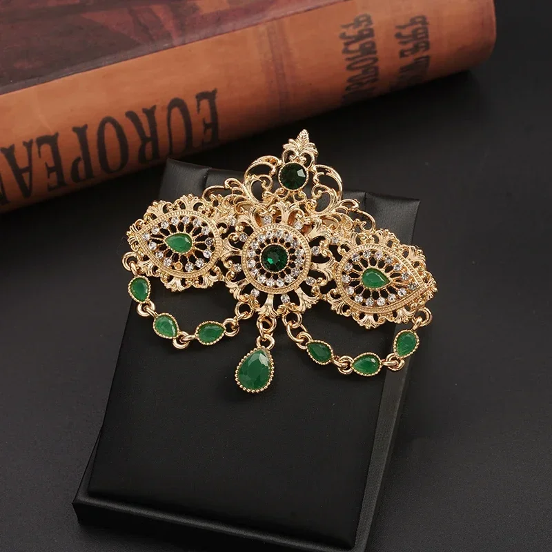 New Morocco Gold Color Caftan Brooch for Women Wedding Dress Jewelry Full Crystal Hijab Lapel Flower Pins Drop Shipping