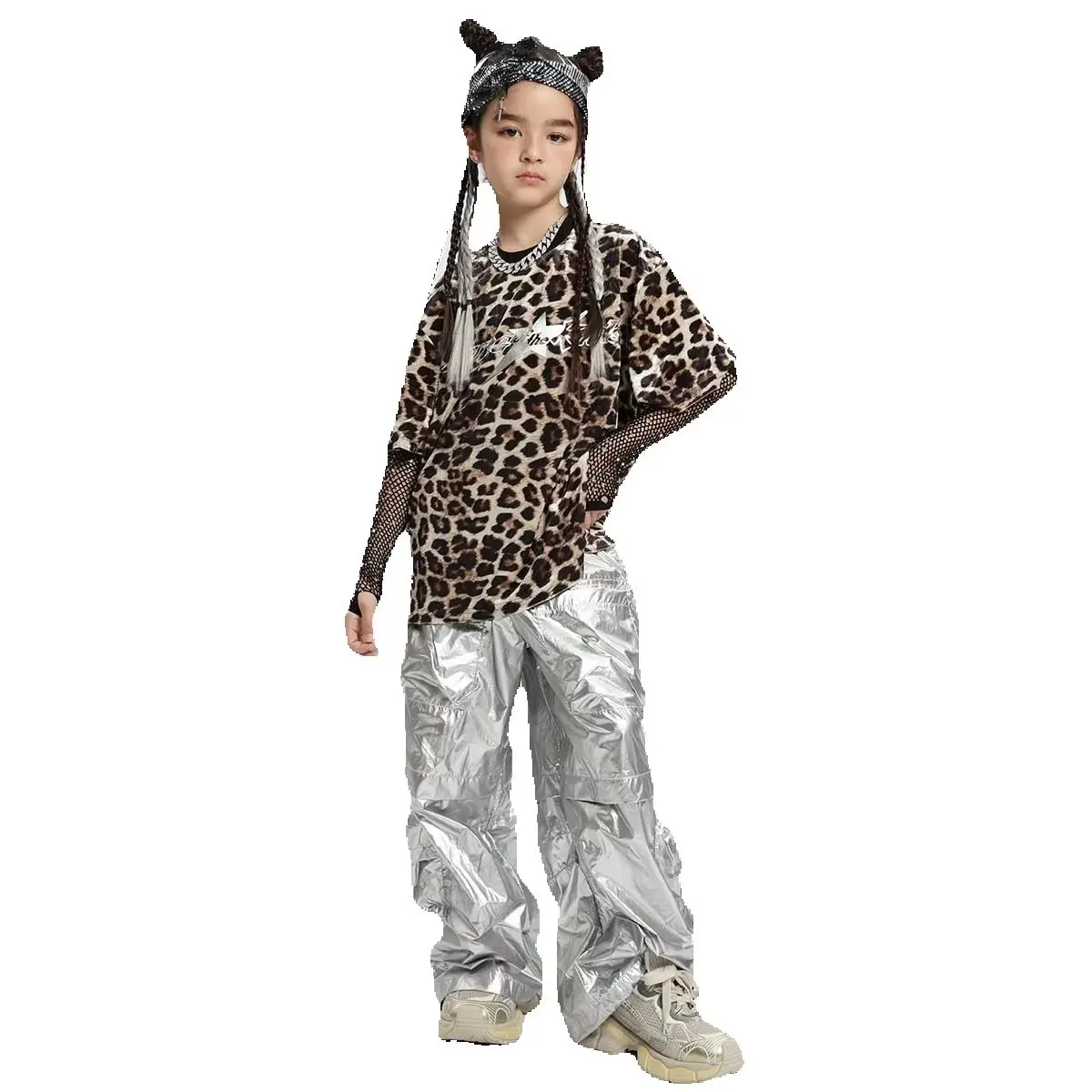 Nieuwe Jazz Kleding Meisjes Luipaard T-Shirt Zilveren Broek Kids Hip Hop Dans Kostuum Kinderen Kpop Stadium Outfit Street Wear XS9202