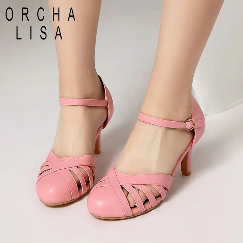 

ORCHA LISA Модные женские сандалии с круглым носком, на тонком высоком каблуке 7,5 см, с ремешком на пряжке, большие размеры 46, 47, 48, туфли Мэри Джейн