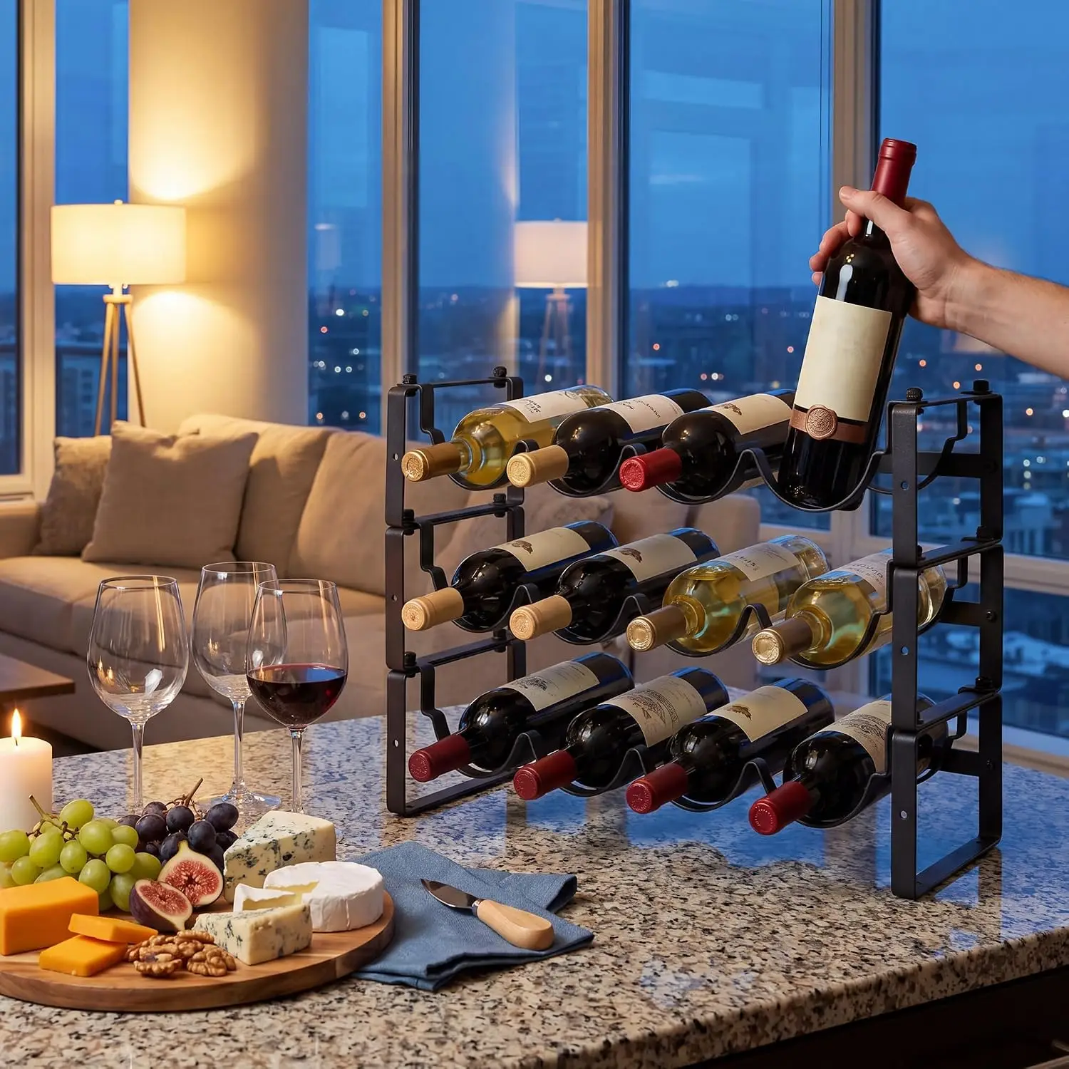 Portabottiglie da vino in metallo a 2 o 3 livelli, espositore da tavolo, portabottiglie creativo, mobiletto per vino, sistema di stoccaggio modulare, capacità 8-12 bottiglie.