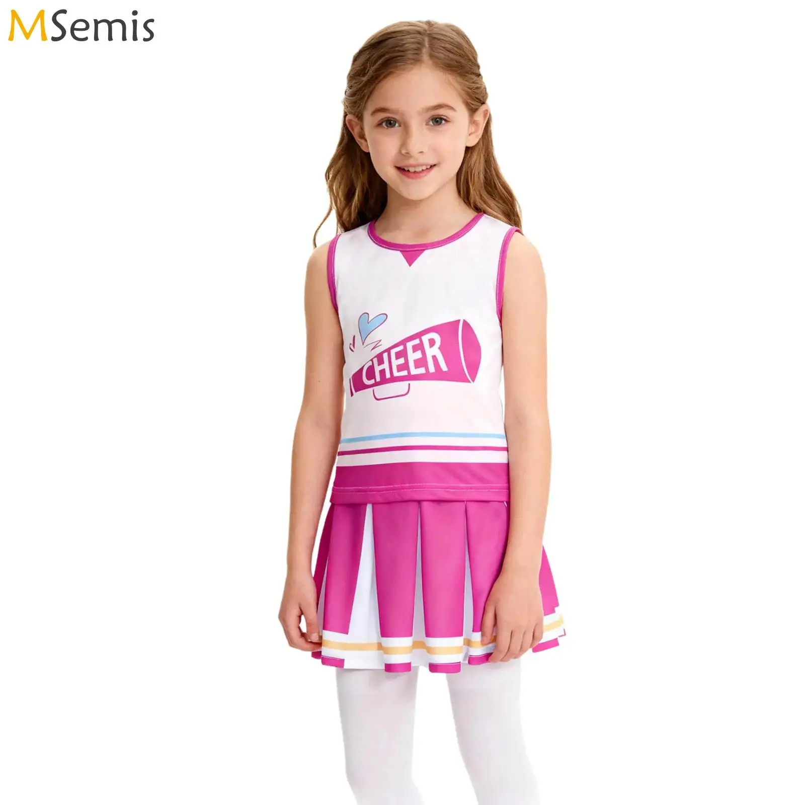 Kostum Cheerleader Anak Perempuan Atasan Bermotif dengan Rok Pinggang Lebar Elastis Seragam Cheerleader Kostum Pertunjukan Panggung