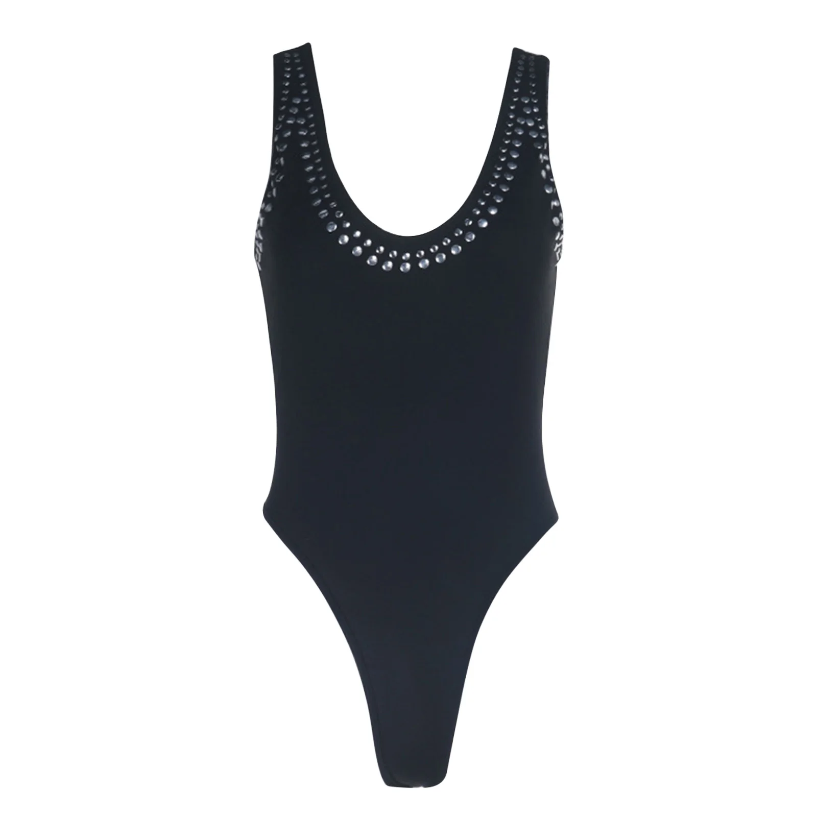 

Women Metal Rivets Bodysuit Swimwear Low U-neck Sleeveless Buttoned Crotch Slim-fit Leotard Jumpsuit for Beach Sunbathing Travel