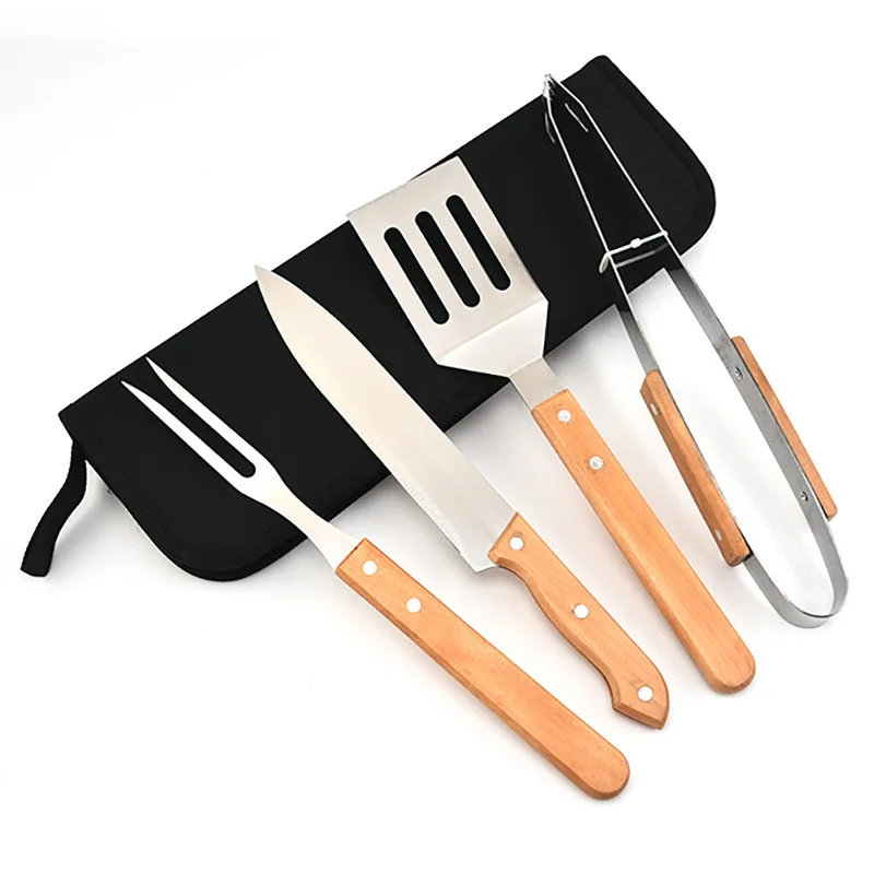 

BBQ Tools Portable Handheld Bag Stainless Steel Wooden Handle Baking Set Outdoor Home Barbecue Fork and Fork Clamp Set