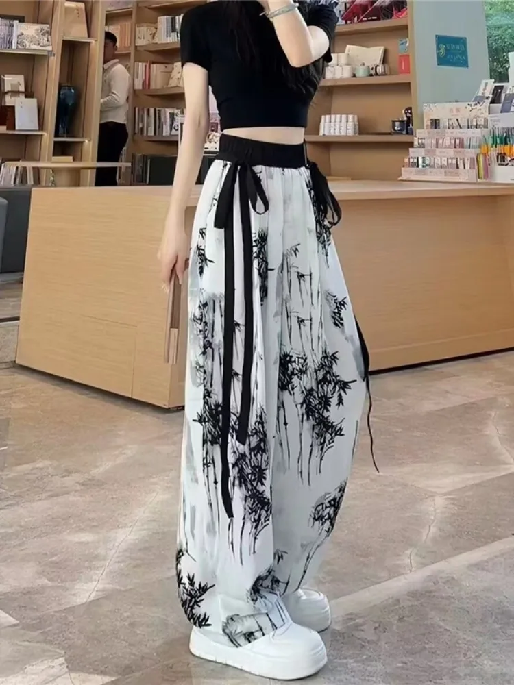 

Plus size women's Chinese style ice silk chiffon wide-leg pants summer loose, retro ink wash national style straight-leg pants.