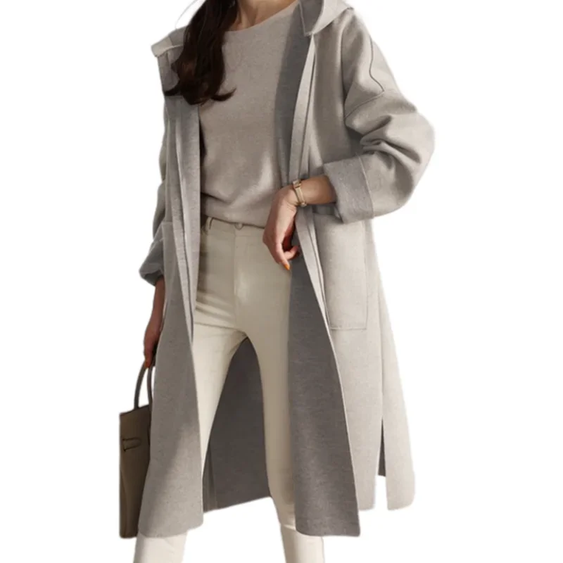 Plus-size giacca a vento da donna con cappuccio Casual allentato colletto rovesciato Top Trenchcoat Laydies soprabito di lana per la primavera autunno