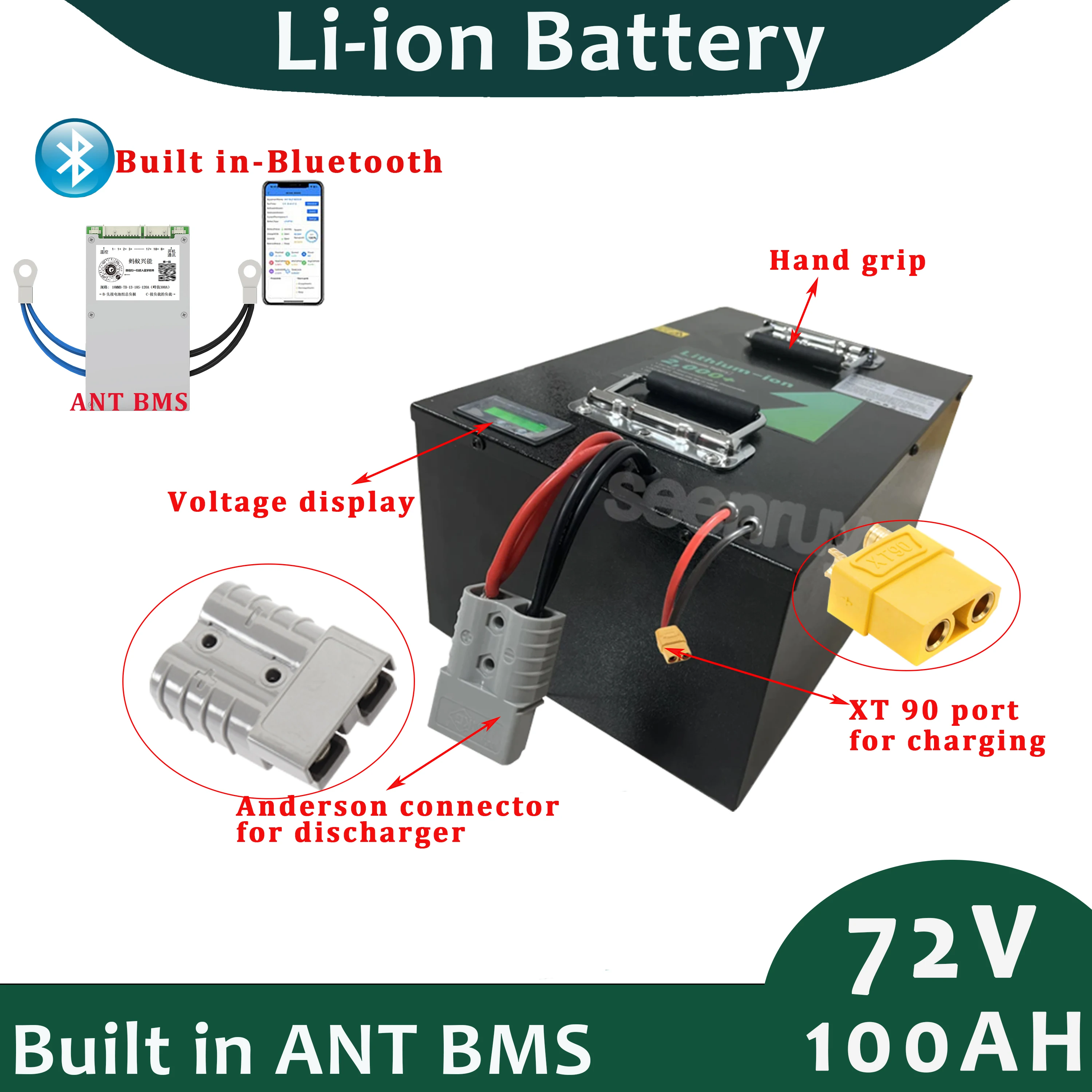 72v 100ah Li-Ion Battery Pack Built in 170A Bluetooth ANT BMS For Solar Street Light with Free Charger