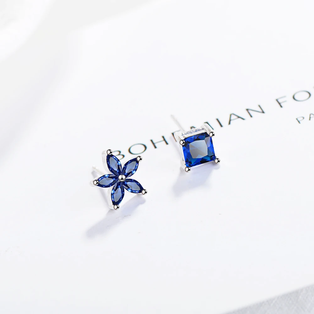 Square & Flower Created Blue Sapphire 925 Sterling Silver Asymmetrical Stud Earring for Women Fashion Statement Gemstone Jewelry