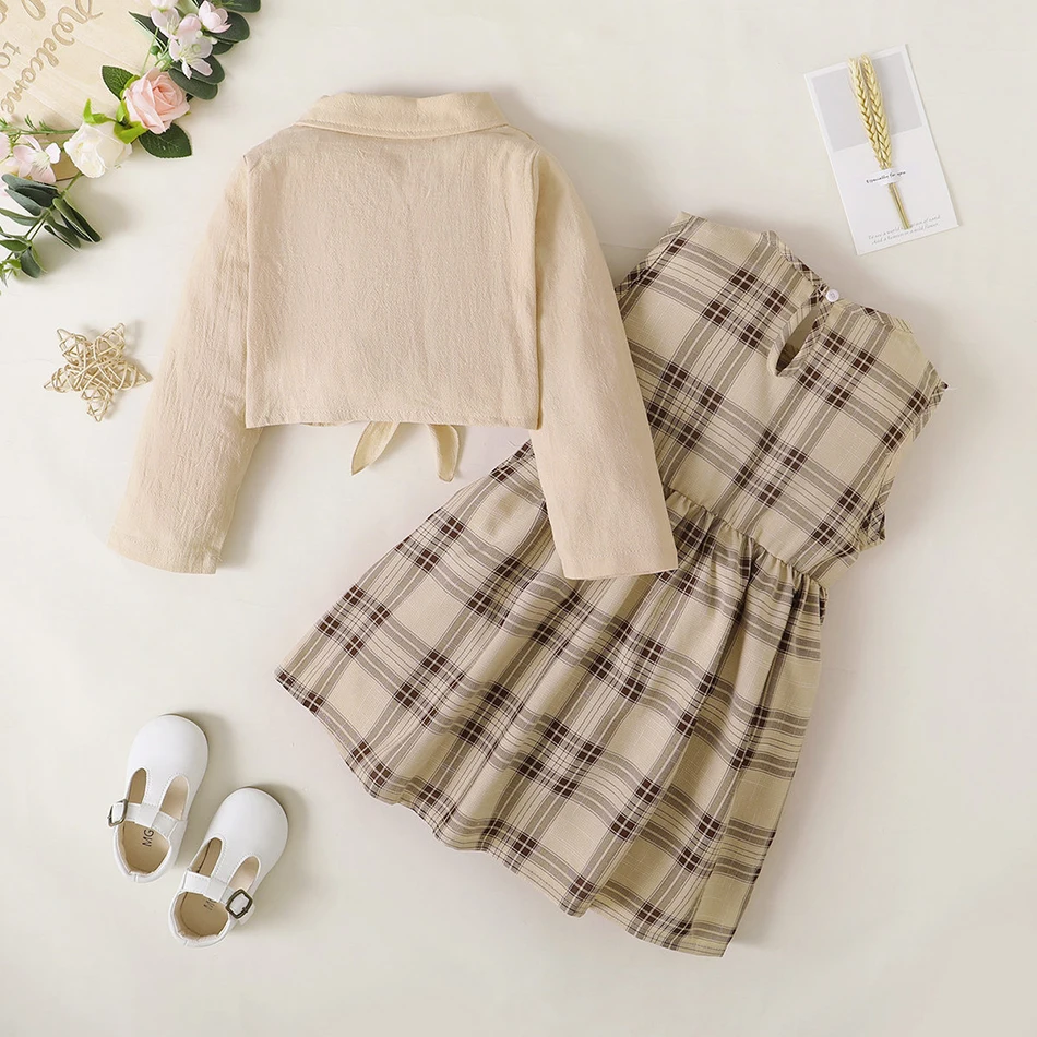 Girls Almond-Toned Ensemble Stylish Jacket and Sleeveless Long Skirt Dress Versatile Spring-Autumn Two-Piece Set Children Sets