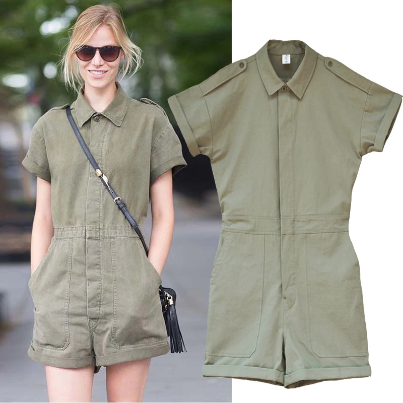 

YANGHAOYUSONG homemade Army green tooling jumpsuit cotton summer new short-sleeved shorts