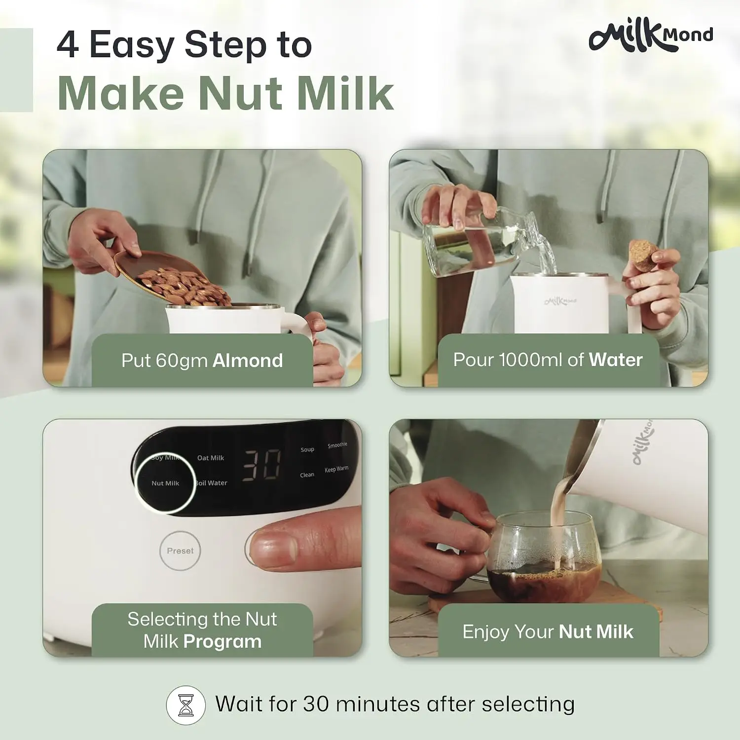 Nut Milk Maker Machine, 8-in-1 Plant-Based Milk & Soup Smoothie Maker – Creamy Almond, Oat & Soy Milk, 10 Stainless Steel Blades, Auto-Clean, Boil Water & Keep Warm, 12-Hour Delay Start, 32 oz