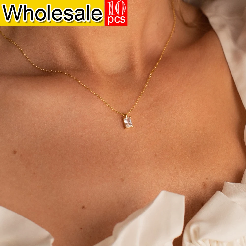 

Women's 10PCS Women's High-end Jewelry Rectangular Cubic Zirconia Pendant Stainless Steel Golden Color Neck Necklace Wholesale