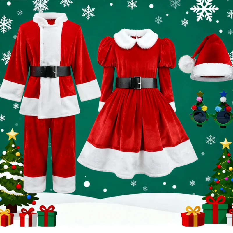 4pcs Boys Girls Christmas Santa Claus Clothes For Kid Cosplay Costume Velvet Red Christmas Xmas Party Dress Up New Year Gift