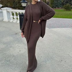 Knitted 2 Piece Sets Women Fashion Cardigan Long Dress Matching Set 2024 Casual Autumn Winter Clothing Womens Outfits Tracksuit